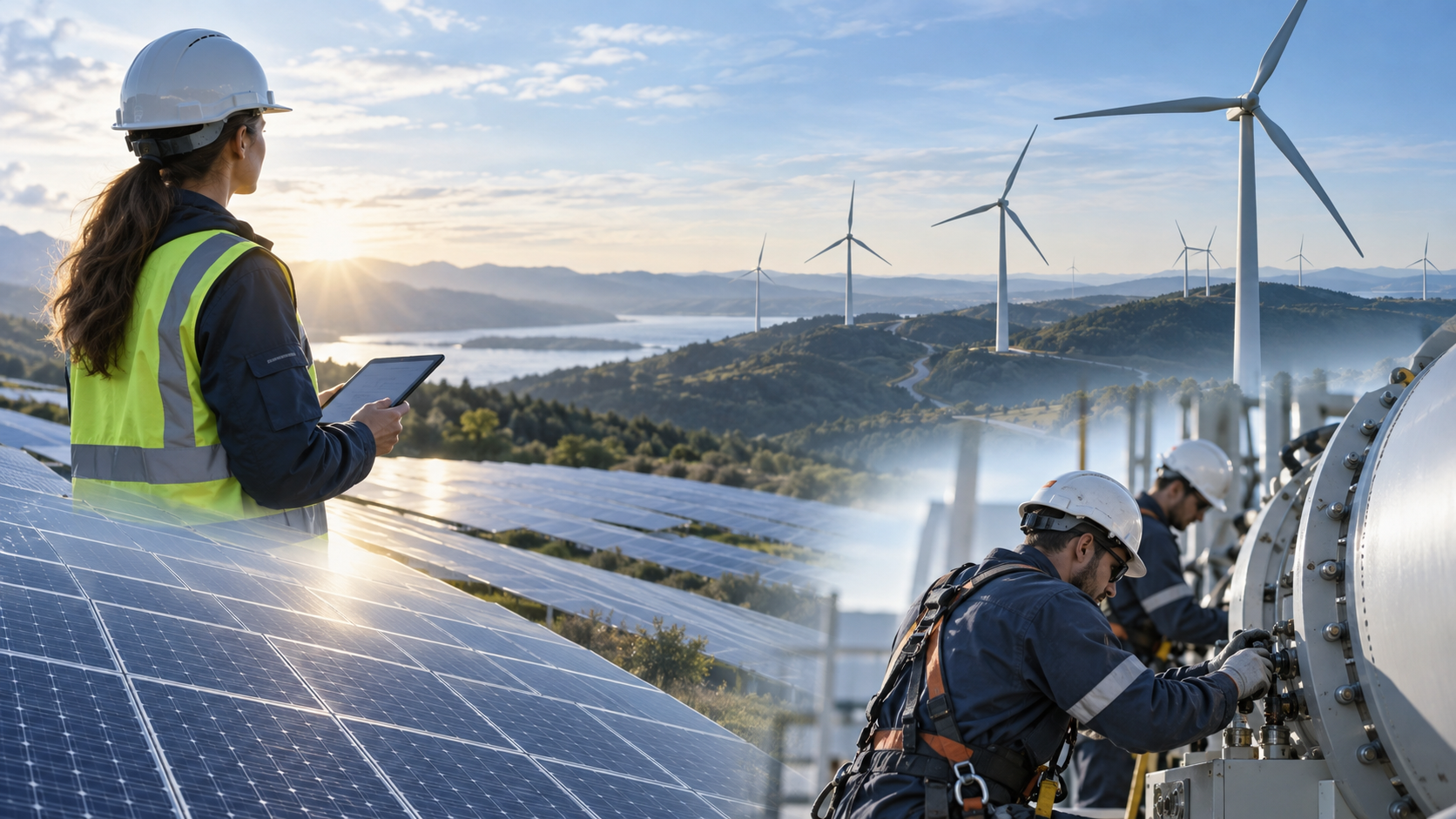 Field technician reviewing renewable energy operations on a tablet