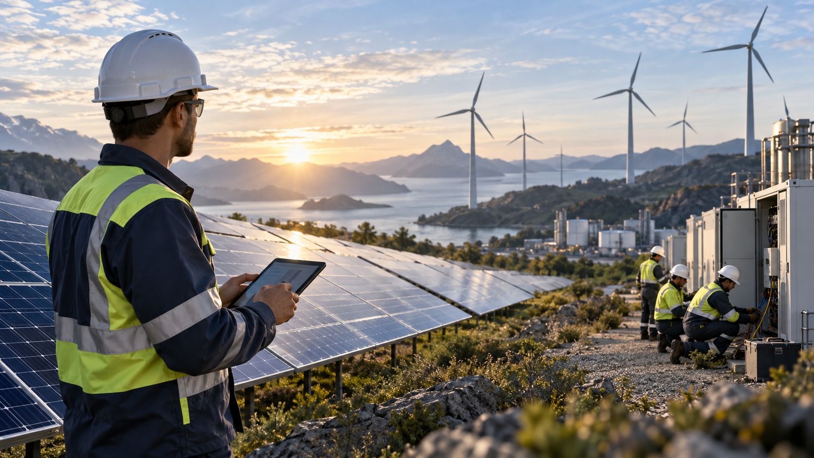 Renewable energy field with wind turbines and solar panels